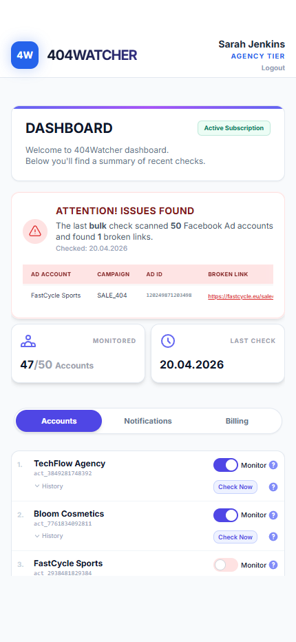 404Watcher Dashboard on iPhone